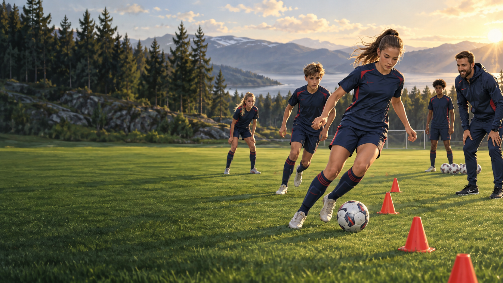 Illustrasjon av unge spillere som øver fotballteknikk med trener