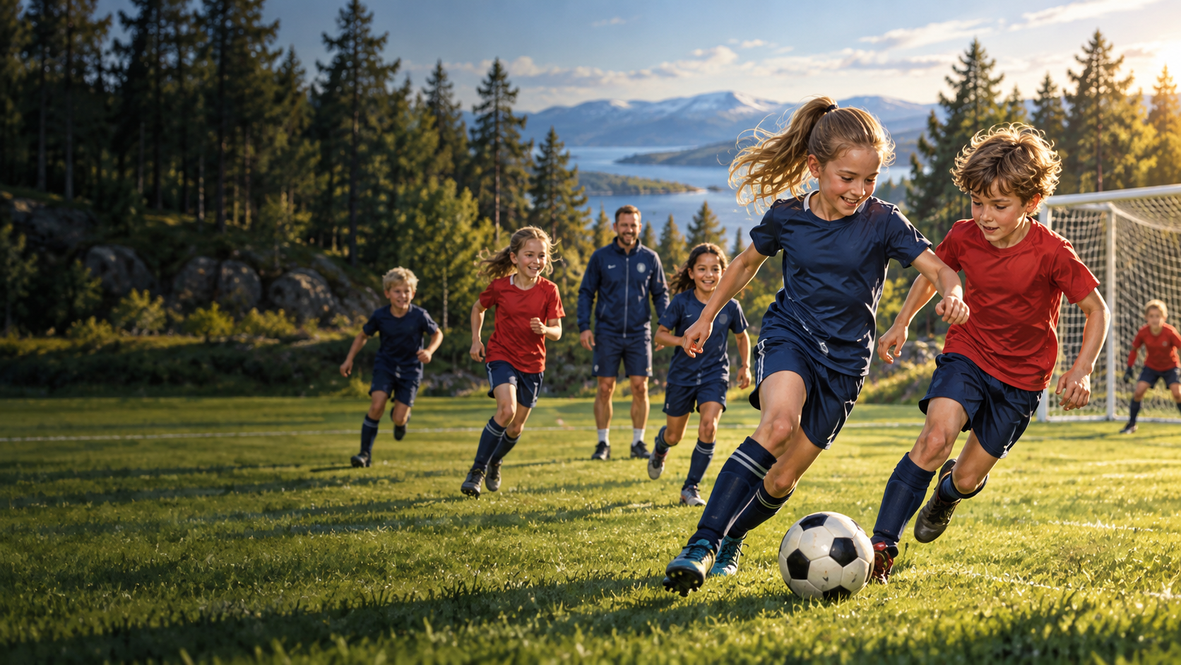 Illustrasjon av barn som spiller sammen på fotballcamp